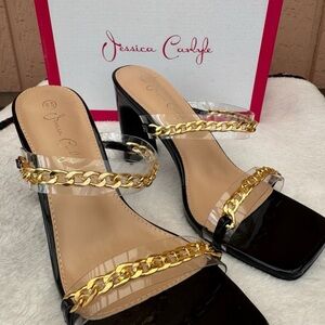 NWT Jessica Carlyle Sexy Black High 4 inch Heels w/ Gold Chain Detail Size 8.5